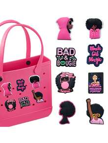 EVA Beach Bag Decor Accessories, Pink & Black Girls Decorative Rubber Tote Bag Accessories, Women Summer Beach Casual Handbag DIY Essential, Rubber Bag Handle Attachments, DIY Wallet Making Supplies (Slight Color Variation In Letter Colors) - Multicolor - View 2