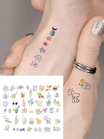1 件装夏日迷你图画彩色纹身贴纸，手指多巴胺可爱清新彩色绘画贴纸，防水耐用，手指上有可爱的卡通图案 - 非常适合在海滩或泳池度过一天！（47 张贴纸）