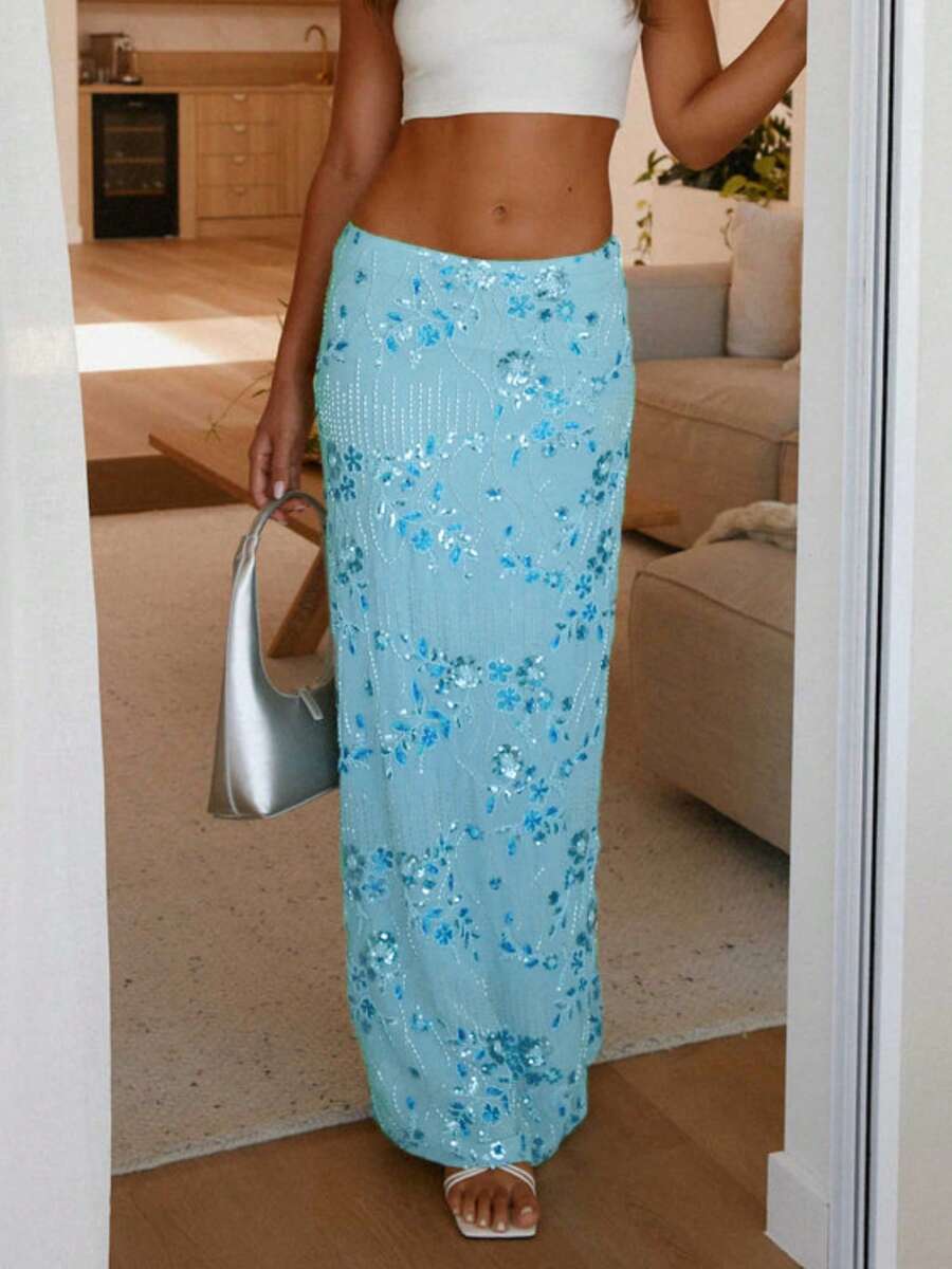 Women's Y2K Summer Sequin Maxi Skirt Sparkle Rhinestone High Waist Floral Embroidery Long Skirt Going Out Glitter Skirt Club Streetwear - Màu xanh lam - Xem 1