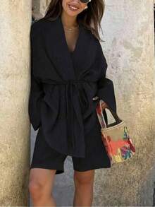 2pcs Women New Lace-Up Long Sleeve Top And Shorts Set - Black - View 2