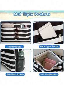 1Pc Beach Bag And Pool Bag. Has Airtight Pouch, Ton Of Pockets. Beach Tote Is Zippered, Water Repellent. Family Size Triped Waterproof Beach Tote Bag With Wet Pocket - Perfect For Pool, Gym, Grocery, And Travel, Tote Bags For Students, Multiple Compartments, Perfect For Beach, School, Work & Daily Use