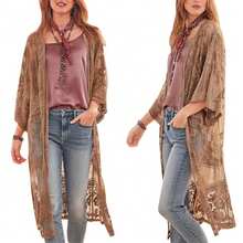 Women's Sheer Lace Kimono Cover-Up 3/4 Sleeve Floral Embroidery Long Open Beach Cardigan Casual Resort Wear See-Through Beachwear - Coffee Brown - View 3