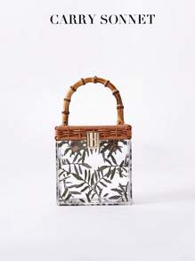 Bolso de mano de acrílico con asa de bambú y cierre de metal. En un estilo clásico retro, ideal para vacaciones, ir y venir y uso diario. Un romántico bolso cruzado cuadrado tipo caja, diseñado para mujeres. Excelente como regalo para maestros, esencial para vacaciones y viajes.