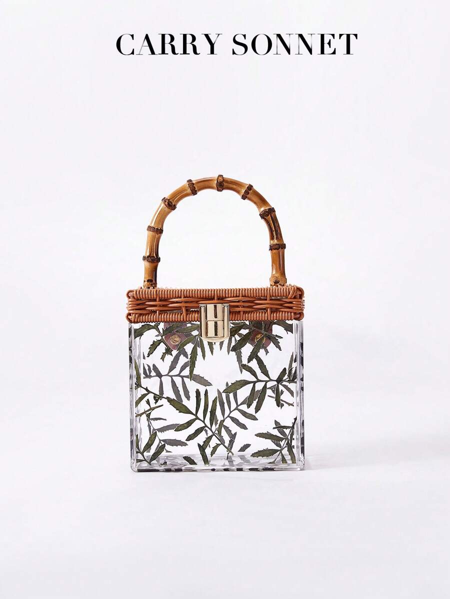 Bolso de mano de acrílico con asa de bambú y cierre de metal. En un estilo clásico retro, ideal para vacaciones, ir y venir y uso diario. Un romántico bolso cruzado cuadrado tipo caja, diseñado para mujeres. Excelente como regalo para maestros, esencial para vacaciones y viajes.