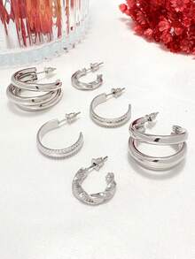 Kit 3 pares brinco argola tripla maravilhoso+Brincos em forma de C+Brincos de metal torcido Folheado em Ouro 18k e Prata 925. - Prata - Visão 3