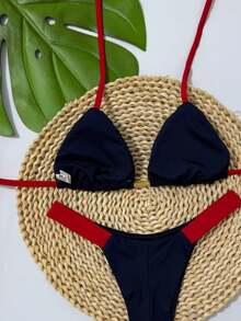 Two-Tone Perfect Bronze Curtain Set With Double String Panties Polyamide Halter Bikini - Màu xanh hải quân - Xem 4