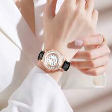 TIRENSE 1pc Elegant Rhinestone Leather Watch Waterproof Quartz Movement Fashionable Women's Watch