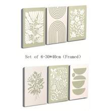 6pcs/Set Boho Green Plant & Floral Wall Art Canvas Posters, Minimalist Gallery Wall Decor For Living Room, Bedroom, Office, Cafe, Bar, Dining Room, Dorm, Hallway, Home & Room Decor, Optional Frame ,Wall Art With Frame