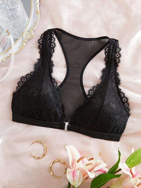 Seamless Floral Lace Front Closure Wireless Bra, Deep V Sexy Comfortable Casual Sports Lift Bra, Women's Lingerie