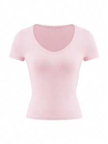 Áo thun nữ Vaiaye cổ chữ V tay ngắn màu trơn, kiểu dáng ôm sát gợi cảm phong cách Y2K, phù hợp mặc hàng ngày. - Hồng - Xem 3