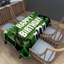1 Pc Rectangle Tablecloth, New European & American Style Birthday Party Theme Green Football, Blue & Gold Balloon Flag Decor Tablecloth, Washable & Reusable, Suitable For Daily Dining Room, Living Room, Theme Party Events