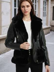 女士羊毛豌豆大衣人造毛皮夹克冬季保暖派克大衣配腰带