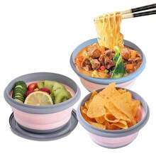 Ciotola pieghevole portatile in silicone con coperchio, durevole e facile da pulire, adatta per ufficio, all'aperto, viaggio, campeggio, picnic, forma rotonda, rosa e verde, utensili da cucina e da tavola