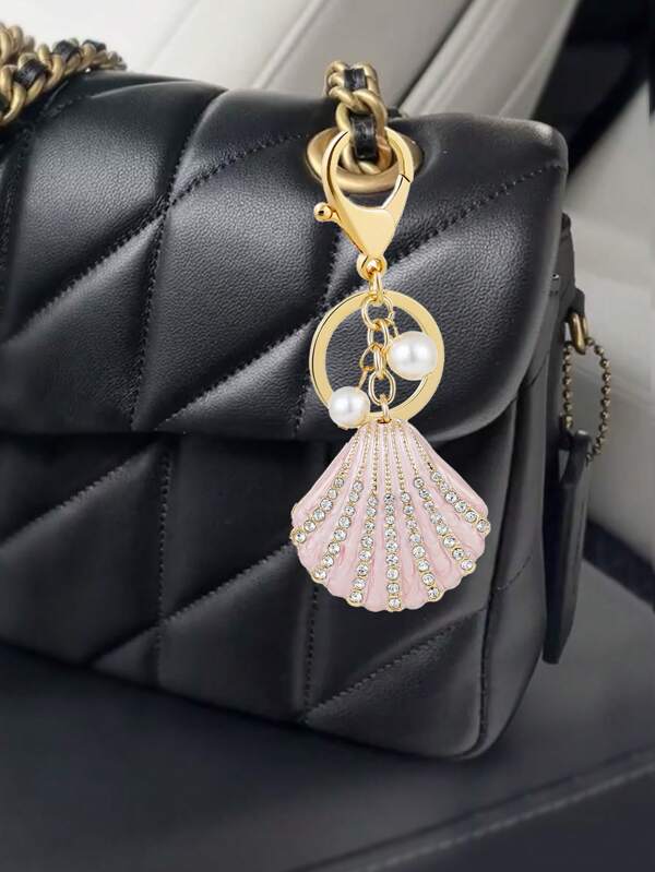 1pc Europe & US New Style Rhinestone Pearl Shell Scallop Keychain Pendant Oil Drop Metal Key Chain Bag Accessory School Pearl