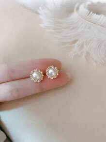 1 Pair Exclusive Design Rhinestone & Faux Pearl Stud Earrings, Elegant & Versatile For Wedding, Everyday Wear, Vacation