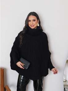 Poncho Overlay Knit Women's Cape Fashion New Arrival Simple Elegant Wool-Like Fabric Cable Knit Asymmetrical - 黑色 - 查看 2