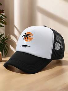 1pc Men's Black Coconut Tree, Sunrise, Sunset Line Cartoon Patchwork Contrast Color Adjustable Outdoor Casual Sports Beach Printed Polyester (Polyester) Mesh Foam Net Truck Driver Cap Baseball Cap, Suitable For Daily Decor, Spring/Summer/Autumn - A - View 2