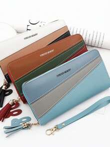 Ví cầm tay dài đa chức năng có khóa kéo đôi cho nữ Ví đơn giản cho nữ Ví dài có khóa kéo bằng da Spell Color-Block thời trang Ví đựng tiền xu có khe cắm thẻ Túi xách cho mẹ, bạn bè, đồng nghiệp Quà tặng ngày lễ - Nhiều màu - Xem 9