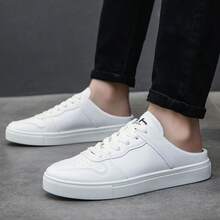 Summer Slip-On Shoes For Men, Solid Color Casual PU Leather Lace-Up Sneakers, Office & Outdoor, All Season - White - View 7