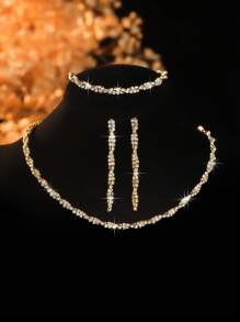 4pcs Full Rhinestone Geometric Exquisite Versatile High-End Necklace, Earring And Bracelet Jewelry Set, Suitable For Women's Daily Commute, Campus Date, Wedding Party, Valentine's Day, Holiday Gift