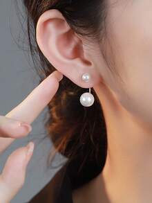 1 par de elegantes pendientes de perla de agua dulce con diseño de doble cara de plata de ley 925 para mujer, joyería dulce y encantadora, regalo para fiestas y cumpleaños