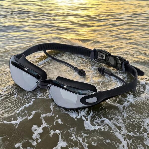 1pc Adult Swimming Goggles, Unisex Large Frame Electroplated Waterproof Anti-Fog Transparent Swimming Goggles With Ear Plugs