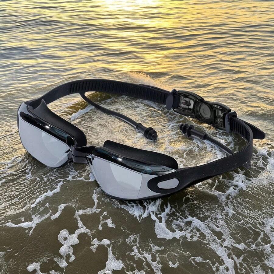 1 件成人游泳镜，男女通用大镜框电镀防水防雾透明游泳镜带耳塞，海滩必需品，海滩配件，泳池浮板