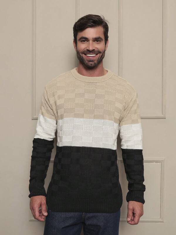 Sueter tricot masculino casaco blusa de frio gola redonda manga longa blusa de Lã blusa moletom