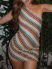 Bohemian Patchwork Color-Blocking Jacquard Mini Halter Sundress, Suitable For Beach & Casual Vacation - 藍色 - 查看 5