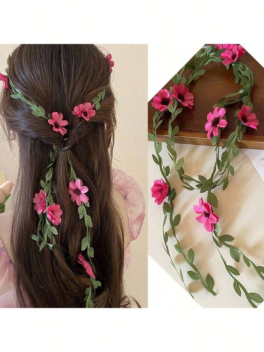 Vacation Party Daisy Flower Crown, Sweet Green Leaf Headband, Beach Atmosphere Floral Hair Accessories Turban Headband Sweatband - Multicolor - View 1