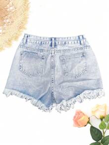 Women Ripped Distressed High Waist Light Washed Denim Shorts Raw Hem Casual Jeans Shorts