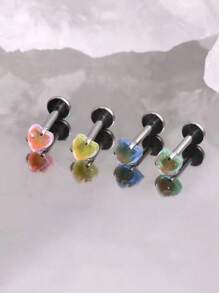 1/4pcs Minimalist Spiral Auroras Heart Shape Holographic Lip Stud, Cartilage Earrings, European & American Style Body Piercing Jewelry, Suitable For Daily Wear
