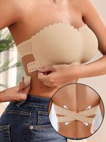 Lässig-bequemer nahtloser trägerloser Push-up-BH für Damen, Bandeau, nahtlos, gewellter Saum, kabellos, seitlicher Verschluss, Tube-Top, weich gepolsterte Körbchen, überkreuzter, gewellter Saum, Rüschenunterwäsche für den Alltag, Dessous-BH mit Trägerrücken, einfaches Bandeau, transparent, schwarz, Traceless Basics, schwarzer Dessous-BH, verstellbares Bralette, sexy Träger
