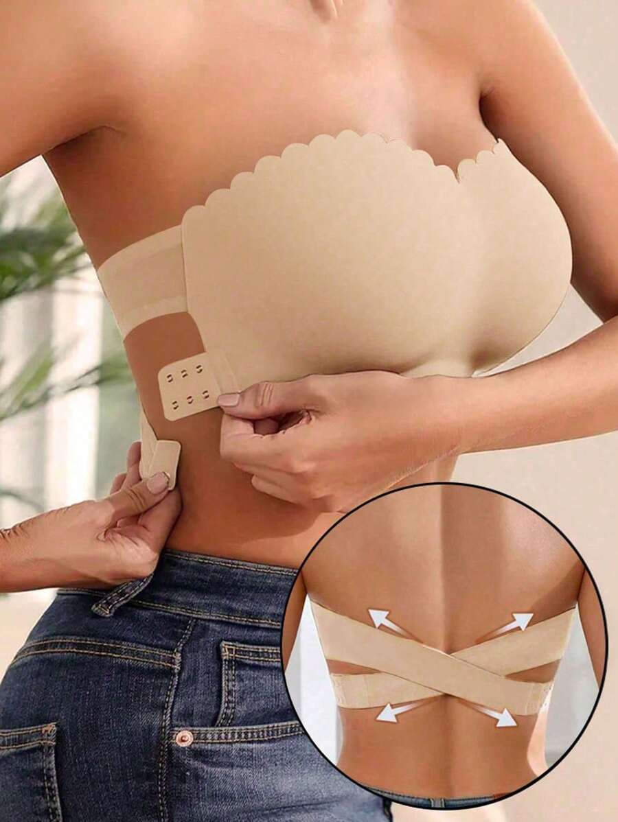 Lässig-bequemer nahtloser trägerloser Push-up-BH für Damen, Bandeau, nahtlos, gewellter Saum, kabellos, seitlicher Verschluss, Tube-Top, weich gepolsterte Körbchen, überkreuzter, gewellter Saum, Rüschenunterwäsche für den Alltag, Dessous-BH mit Trägerrücken, einfaches Bandeau, transparent, schwarz, Traceless Basics, schwarzer Dessous-BH, verstellbares Bralette, sexy Träger
