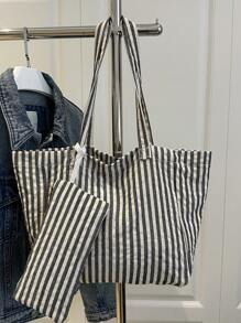 Bolso de gran capacidad de estilo casual a rayas, bolso de compras, vacaciones y escuela, set de 2 piezas con monedero y dije