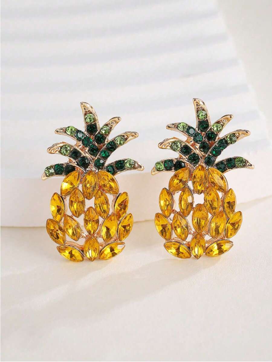 1 对创意菠萝耳钉，适合女性夏季海滩配饰 - 金色 - 查看 1