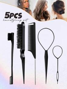 5/7件套美发工具套装，包含法式编发工具环、9排尼龙软垫造型刷、200毫升连续喷雾瓶、蓬松发梳、尖尾梳、边缘梳（用于梳理发际线和后脑勺）、边缘控制梳、尖尾梳、长钢针尖尾蓬松梳、精准分缝梳、蓬松梳发刷、返校季、发刷、发刷 - 彩色 - 查看 16