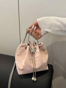 Casual & Popular Drawstring One Shoulder Bucket Bag, Vintage Design For Women - Pink - View 2