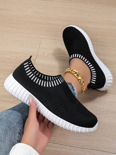 Women's Breathable Knit Sneakers Casual Lace Up Outdoor Shoes Lightweight Solid Color Shoes Personalized Comfortable Minimalist EVA Sneakers For Women