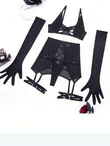 Women's Bra With Mesh Fabric Complex Design, Garter Belt, Lingerie - Black - View 6