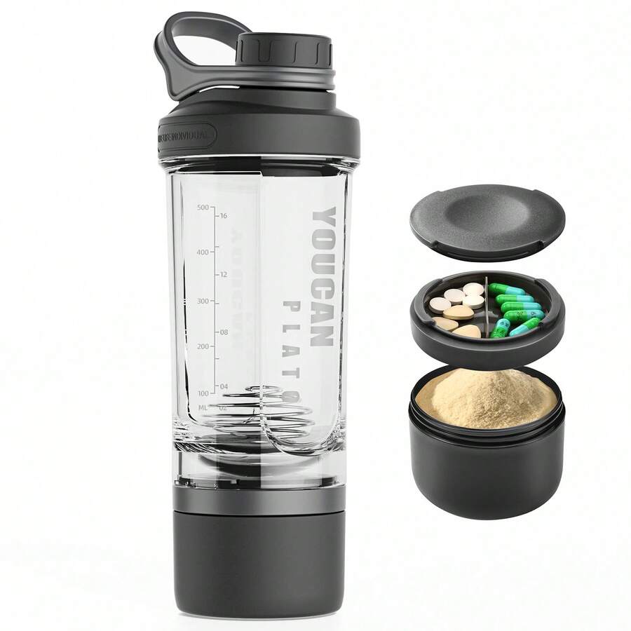 21oz Protein Shaker Bottle With Powder Storage Container-Shaker Cups For Protein Shakes-Pre Workout Bottle-Mixer Cup-Gym Sport Water Bottle -Made With Tritan ,With Wire Whisk Balls - Black - View 1