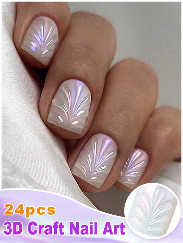Juego de 24 uñas postizas cuadradas cortas con diseño 3D de sirena, en colores láser y perlados, un estilo elegante y lujoso para mujeres y niñas en verano