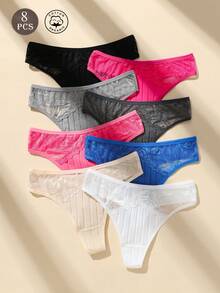 8PCS/Pack Cotton Women's Thong Solid Color Lace Splicing Breathable Ladies Sports Briefs