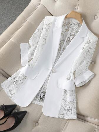 Chaqueta blazer transparente blanca para mujer, de estilo delgado, para uso casual en la oficina, con mangas 3/4, talla pequeña
