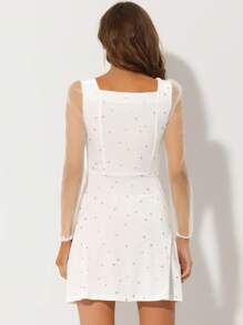 Women's Summer Prom Mesh Sheer Sleeve Sparkly Party Glitter Star Metallic Velvet Dress