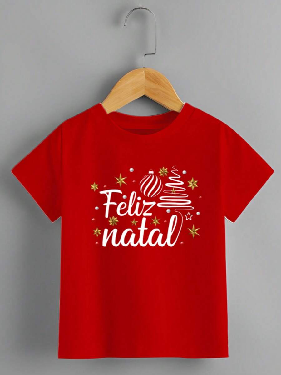 Blusa Infantil Algodão Unissex Feminino Masculino Estamp Feliz Natal Letras Manga Curta Gola Redonda - Vermelho - Visão 1