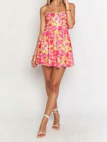 Women Mini Dress Floral Print Spaghetti Strap Cami Dress Summer Fashion Sleeveless Casual Dress - 花色 - 查看 8