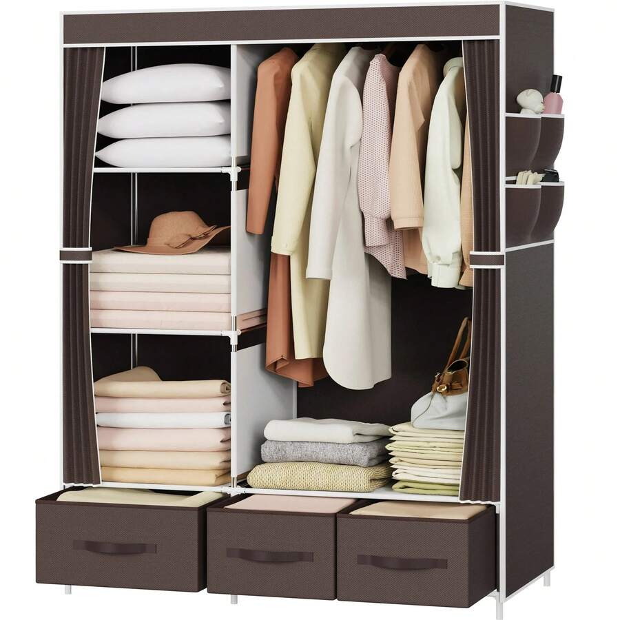 Riousery Portable Closet, Bedroom Wardrobe Closet Organizer With Cover, 3 Storage Boxes, Hanging Rods And Shelves, Brown - Brown - View 1