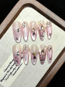 Handmade Nail Art Press-On Nails, Shiny, French Dual-Tone, 3D Butterfly Design, Rhinestones, Fashionable High-End Cat Eye Effect, Reusable For Women - Pink - View 4