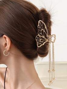 1pc Butterfly Metal Claw Clip With Chain Tassel Artificial Crystal Pendant, Hollow Butterfly Ponytail Clip, Elegant Hair Accessory Summer - Multicolor - View 10